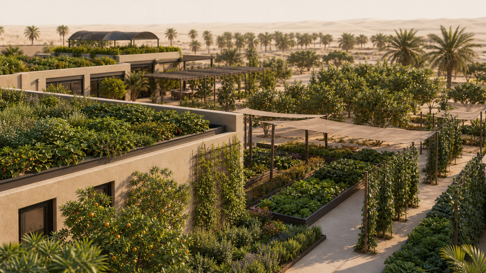 Rooftop growing beds above the farm units with shaded produce beyond