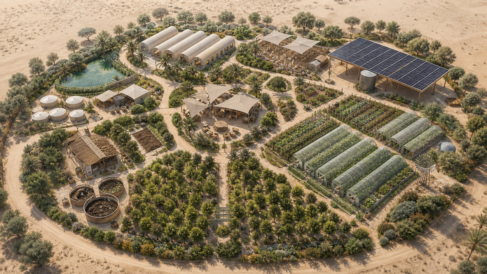 Aerial masterplan of the Sarab farm in the desert