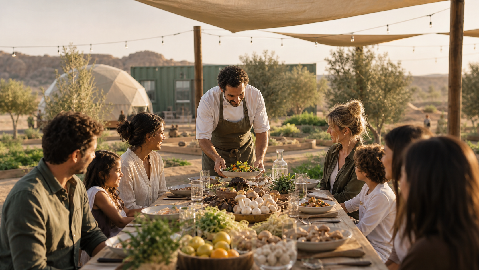A family gathered at a long table on the Sarab farm at golden hour