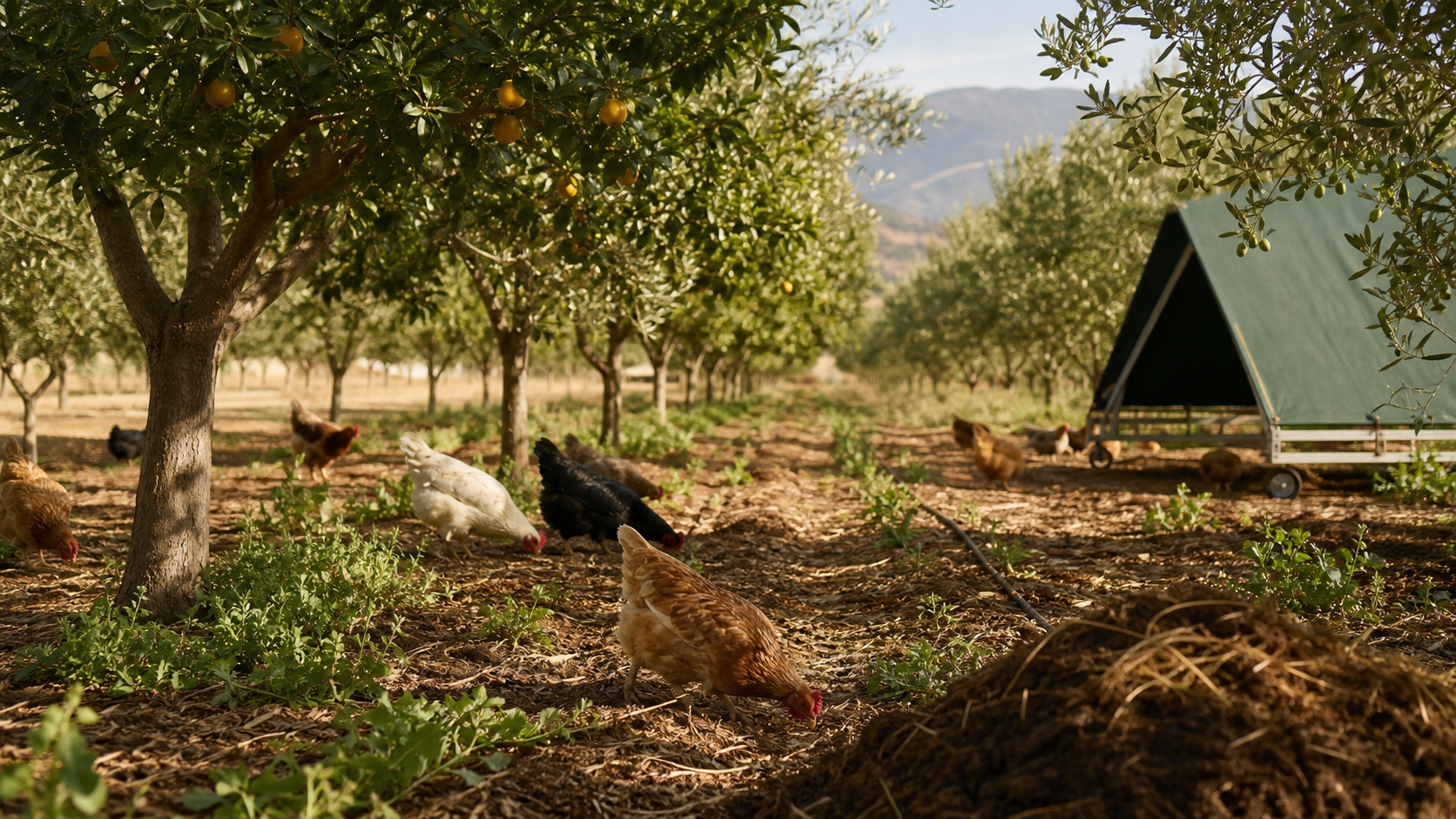 Free-range heritage poultry among fruit trees at the Sarab orchard