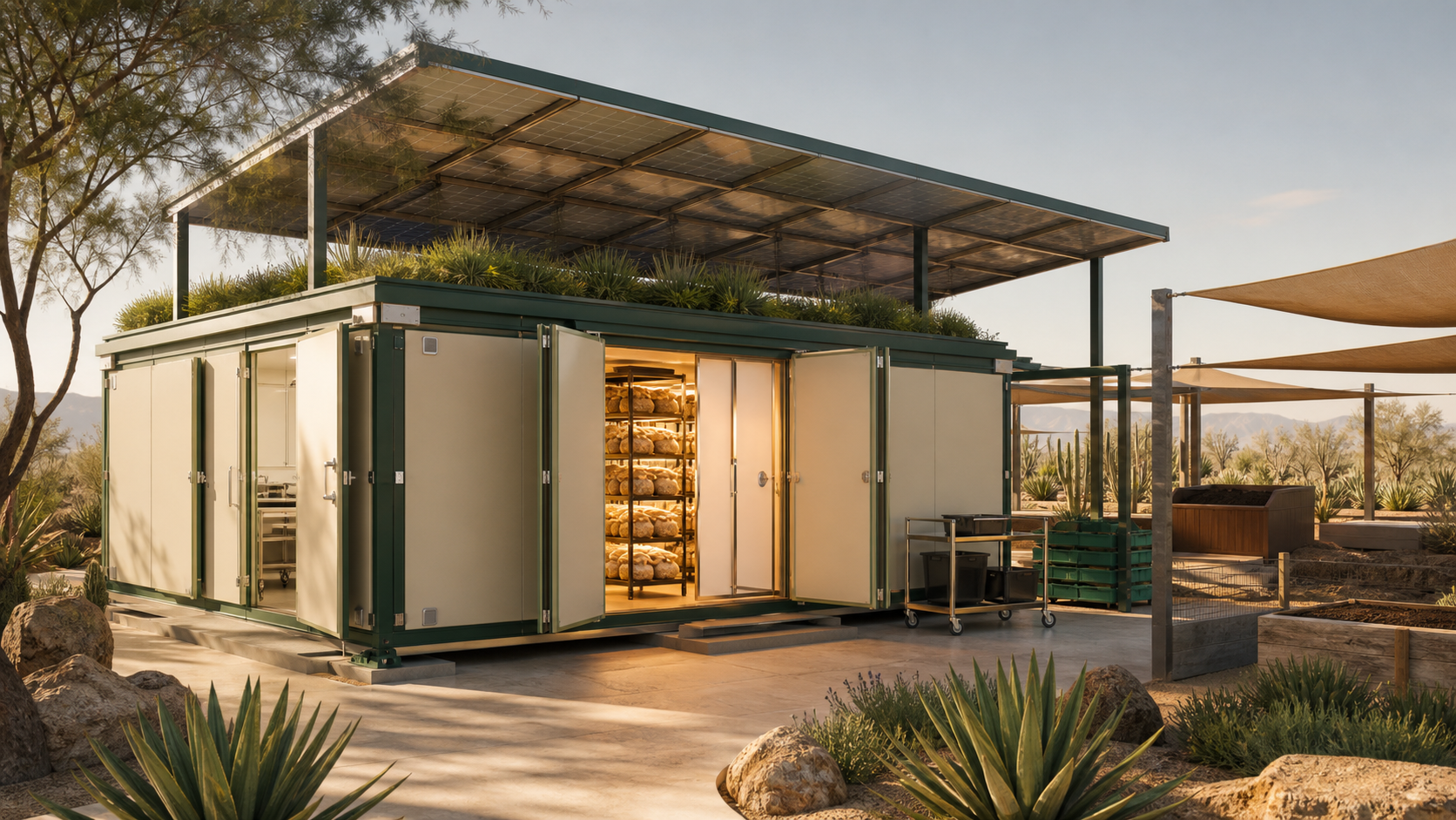 A modular Mushroom Production Unit with solar canopy and living roof